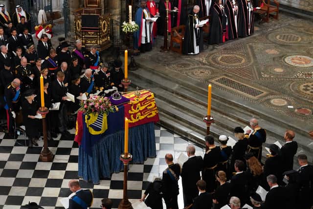 The coffin is placed near the altar at the State Funeral of Queen Elizabeth II, held at Westminster Abbey, London. Picture date: Monday September 19, 2022.
