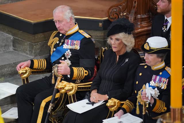 King Charles III, the Queen Consort and the Princess Royal in Westminster Abbey during the late Queen’s funeral service. Picture: PA.