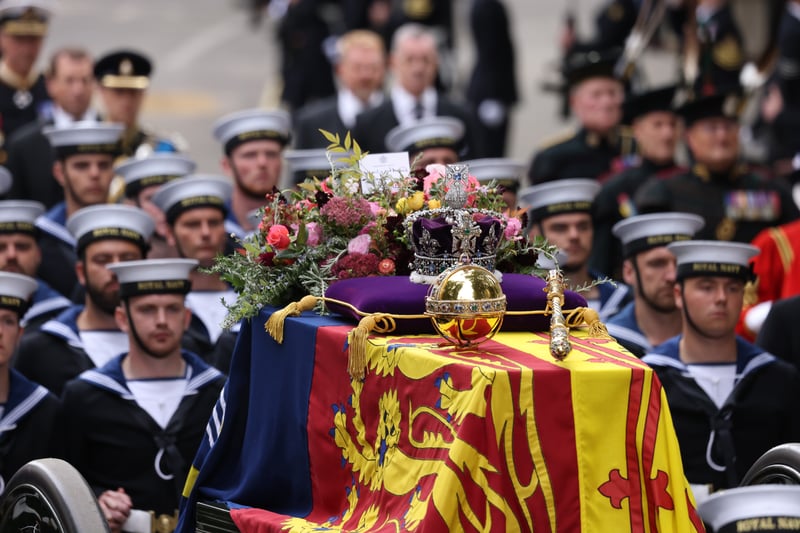 The coffin was pulled on a gun carriage by Royal Navy sailors - a tradition dating back to Queen Victoria. Credit: Getty
