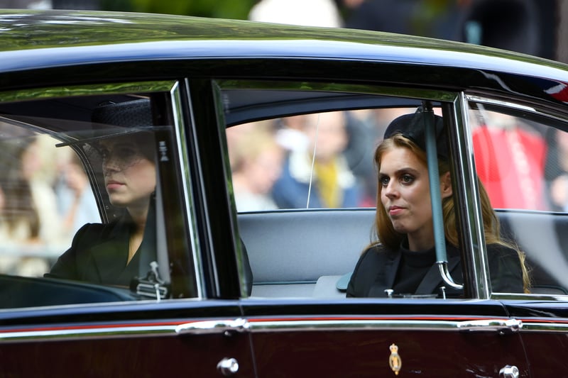 Princess Beatrice, recently appointed as Counsellor of State, leaves Westminster Abbey during the State Funeral of Queen Elizabeth II.
