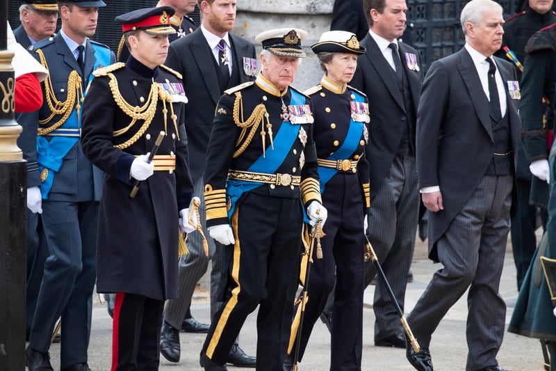Members of the Royal Family followed the gun carriage carrying the coffin to Westminster Abbey. Credit: Getty