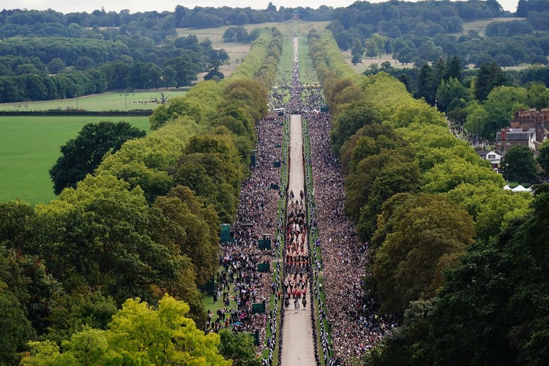 The Ceremonial Procession of the coffin of Queen Elizabeth II travels down the Long Walk as it arrives at Windsor Castle for the Committal Service at St George’s Chapel. Credit: PA
