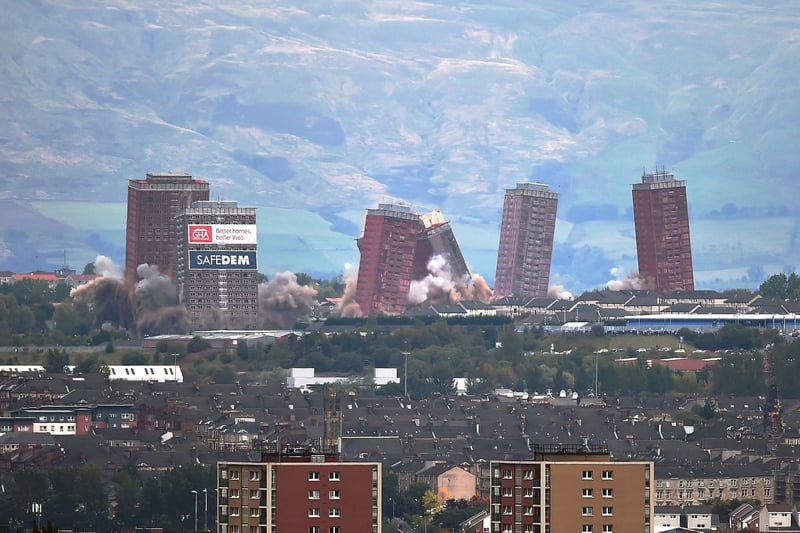 The last remaining Red Road flats were demolished in a controlled explosion on October 11, 2015 in Glasgow, Scotland. They were notable as they were only block in the scheme to be clad in red - constructed in 1966, the Red Road Flats got a reputation for anti-social behaviour. Leading to Glasgow City Council approving the demolition of all towers on the Red Road in Balornock, Greater Springburn.