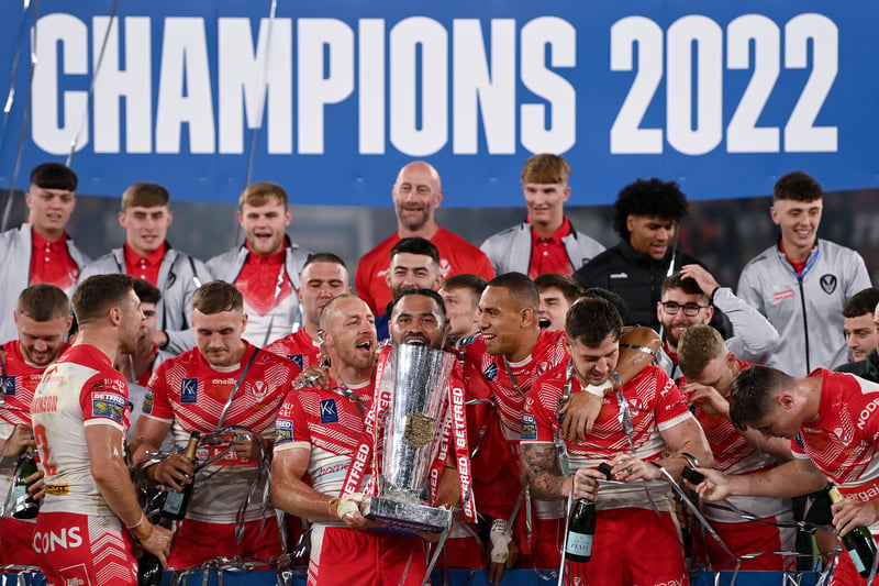 James Roby of St Helens celebrates with the Betfred Super League Grand Final trophy. (Image: Gareth Copley/Getty Images)