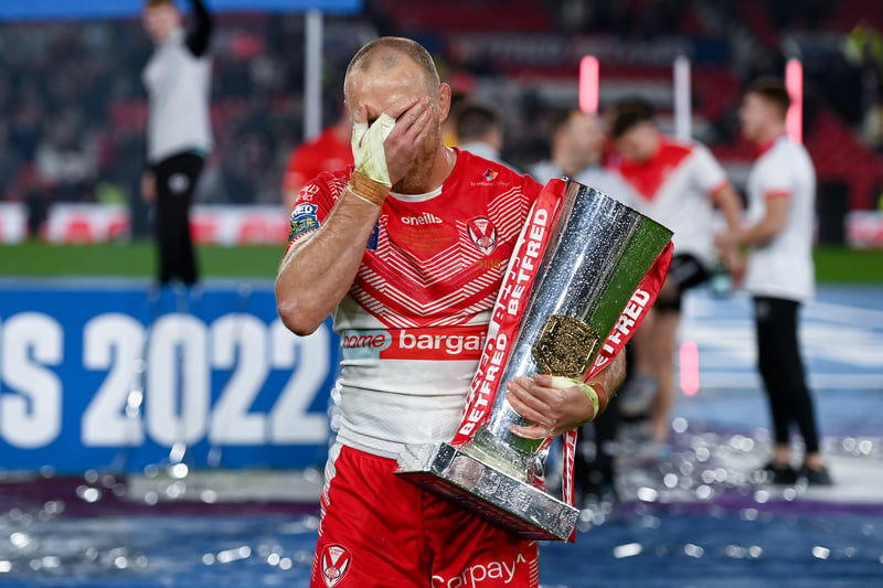 James Roby of St Helens gets emotional as he carries the Betfred Super League Trophy. (Photo by Gareth Copley/Getty Images)