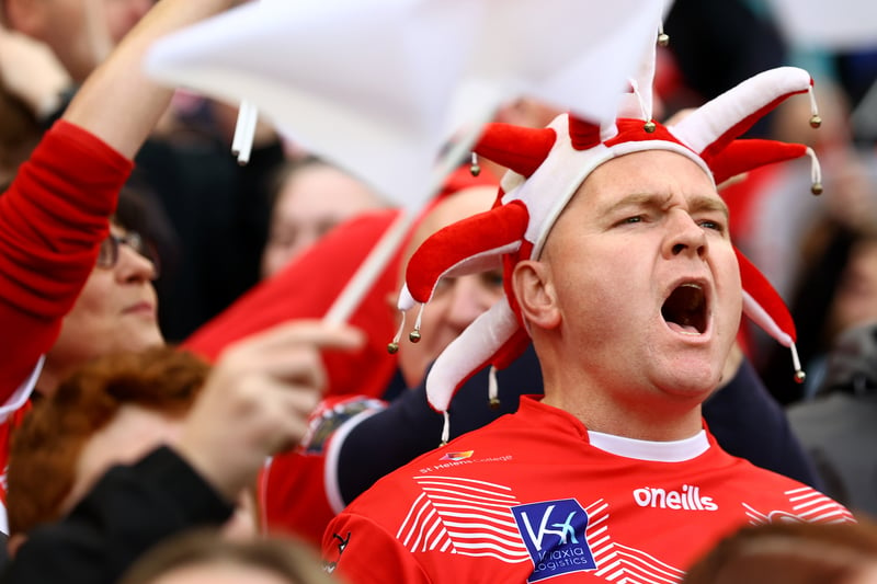 A fan of St Helens reacts prior to kick off of the Betfred Super League Grand Final match against Leeds Rhinos. (Photo by Michael Steele/Getty Images)