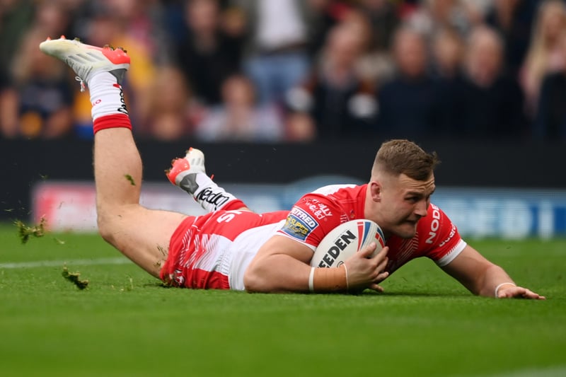  Matty Lees of St Helens scores their side’s first try - the fastest try in a Grand Final. (Photo by Gareth Copley/Getty Images)