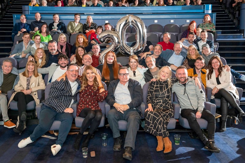 River City cast past and present posing again at the preview screening of the special 20th Anniversary episode at the Glasgow Film Theatre. Photo by Jamie Simpson/BBC