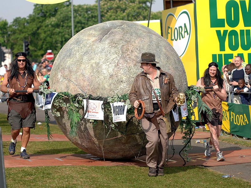 In 2007, fundraiser Lloyd Scott ran the 26.2 mile course dressed as Indiana Jones - complete with a giant boulder.
The boulder weighed 350lbs.
Scott later went on to run the Olympic Marathon course in 2012 to mark the Jubilee.