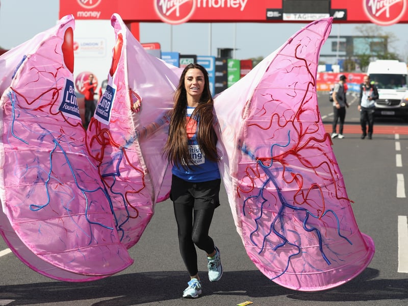 Model Katie Price and then-husband Peter Andre completed the marathon together in 2009, and she later revealed she had suffered a miscarriage just days prior.
The TV personality also attempted the race in 2018 (pictured), but struggled due to her knee injury, and had to pull out after nine miles.
In 2021, Price vowed to attempt the 2022 race, despite breaking her feet in a freak accident, but it’s not been confirmed if she will take part.