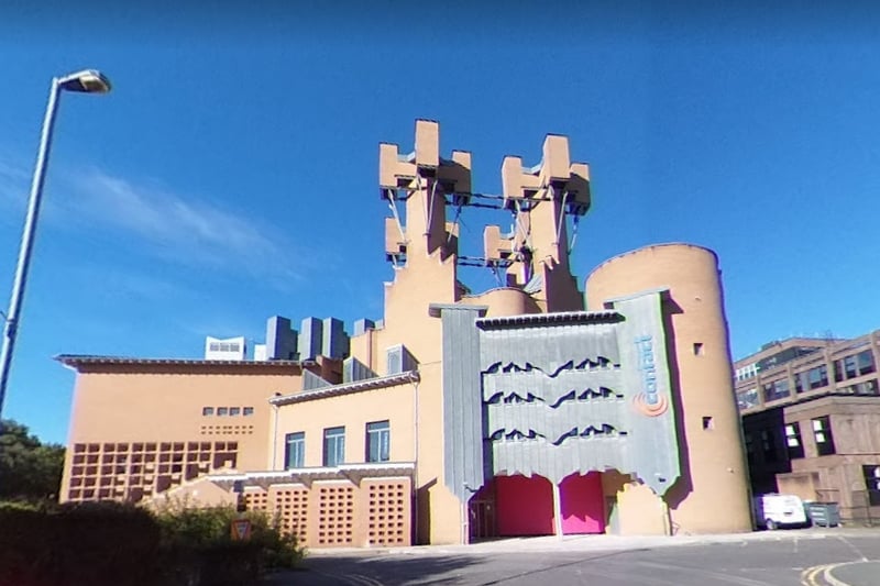 The Contact Theatre, located on Devas St, was designed and built in 1999 by architect Alan Short after a £5million Arts Council grant. It has a striking castle-like design, complete with a portcullis and turrets. Credit: Google Street View