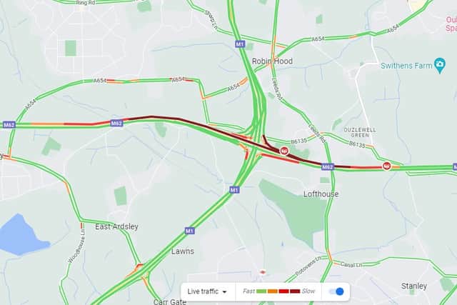 The image from Google Traffic shows the extent of traffic on the M62.