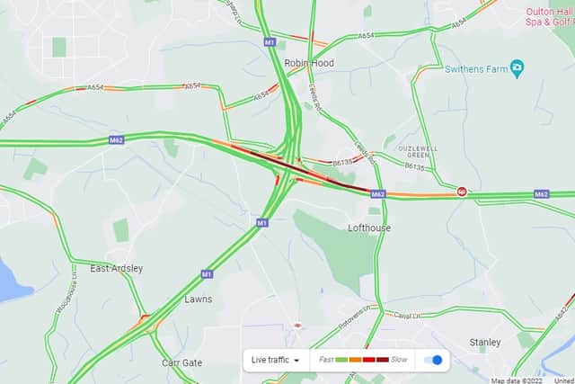 This Google maps image shows the current level of traffic on the M62. 