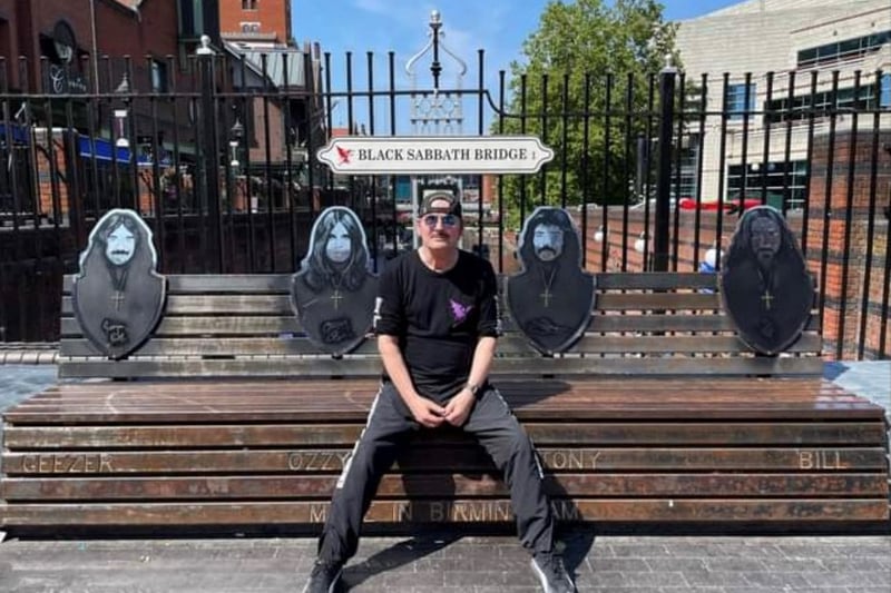 The unnamed musician from Danish rock outfit Mercyful Fate posted at the Black Sabbath bench in the shunshine