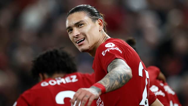 Darwin Nunez of Liverpool celebrates after scoring their team's first goal during the Premier League match between Liverpool FC and West Ham United at Anfield on October 19, 2022 in Liverpool, England. (Photo by Michael Steele/Getty Images)