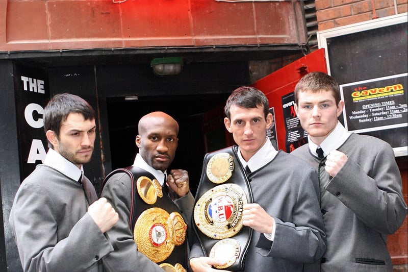 Boxers Paul Smith, French Souleymane M’Baye, Derry Matthews and Joe McNally pose dressed as the Beatles outside the Cavern Club, in 2007.