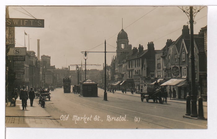 This image was taken looking East along Old Market Street. Old Market Street has always been a market place developed immediately outside the walls of Bristol Castle on what was for centuries the main road to London, now the A420.
