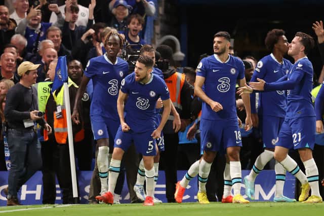 Jorginho of Chelsea celebrates with teammates after scoring their team’s first goal during the Premier League  (Photo by Alex Pantling/Getty Images)
