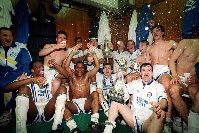 Howard Wilkinson’s players celebrate a momentous achievement in the dressing room at Elland Road.