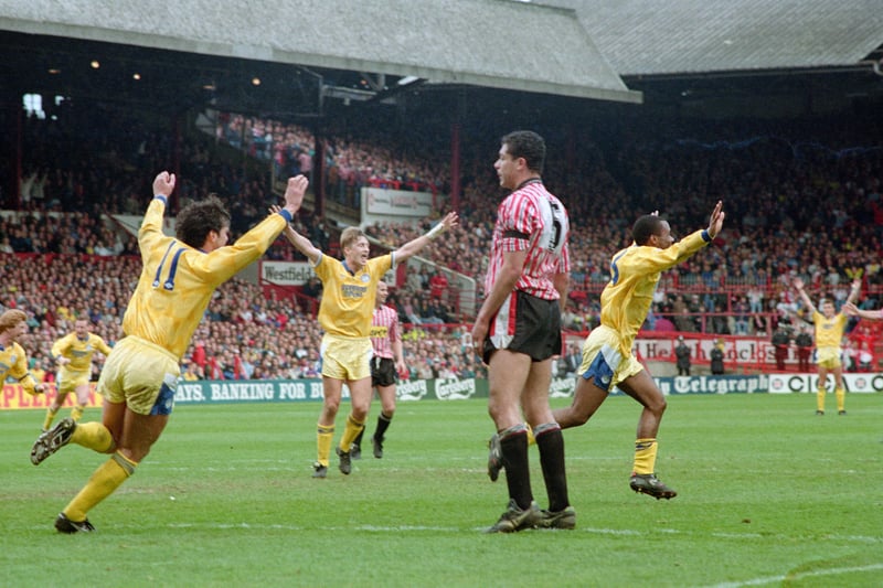 Seven minutes after Lee Chapman’s own goal levelled the scores at Bramall Lane, Blades defender Brian Gayle heads the ball into the hosts’ net, earning Leeds a 3-2 win to seal the Whites' first title since 1974.