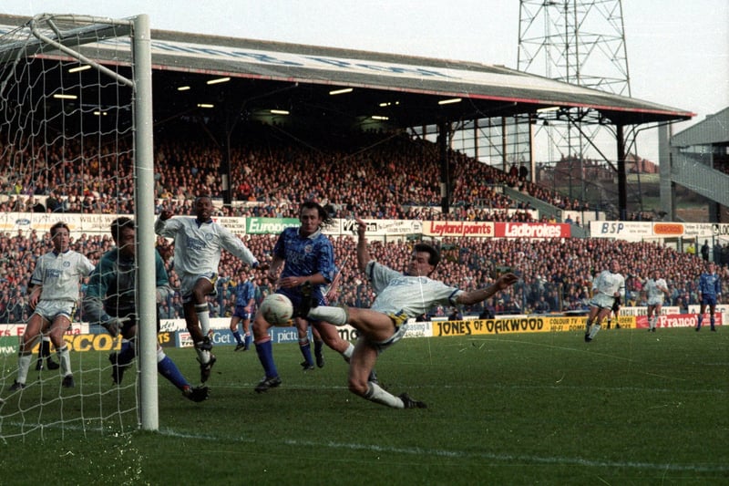 Steve Hodge scores in the Whites’ Boxing Day game against Southampton at Elland Road. An 85th minute goal by Saints striker Iain Dowie earns the visitors a 3-3 draw.