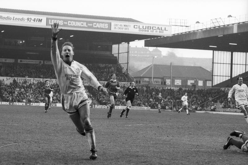 David Batty celebrates scoring in the Whites’ 3-0 win over Notts County in February 1992.