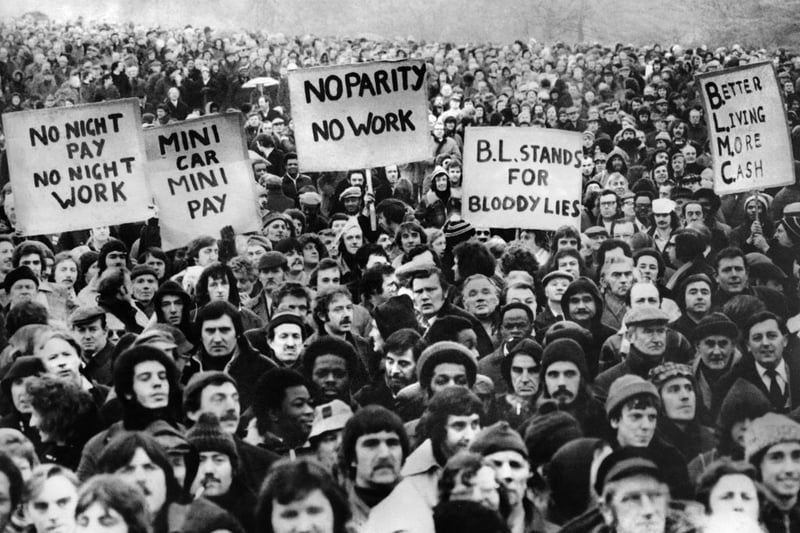 British Leyland workers from Longbridge plant demonstrate, on February 7, 1979 in Cofton park, south Birmingham, during a series of general strikes and demonstrations called the winter of discontent, in the United Kingdom. (