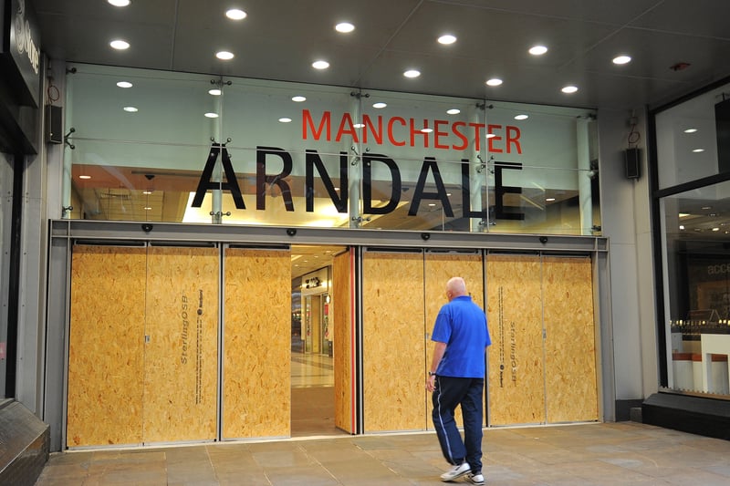 In 2011 rioting hit a number of major British cities including Manchester. This photo, taken after a fourth night of disorder in the city, shows how the Arndale boarded up its entrances. Photo: AFP via Getty Images