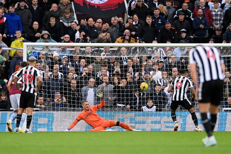 Callum Wilson puts his spot-kick straight down the middle to hand Newcastle the lead. 