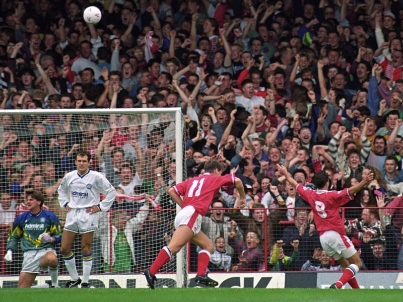 Middlesborough celebrate one of their four goals as the defending First Division champions fall to a heavy defeat at Ayresome Park in August 1992.