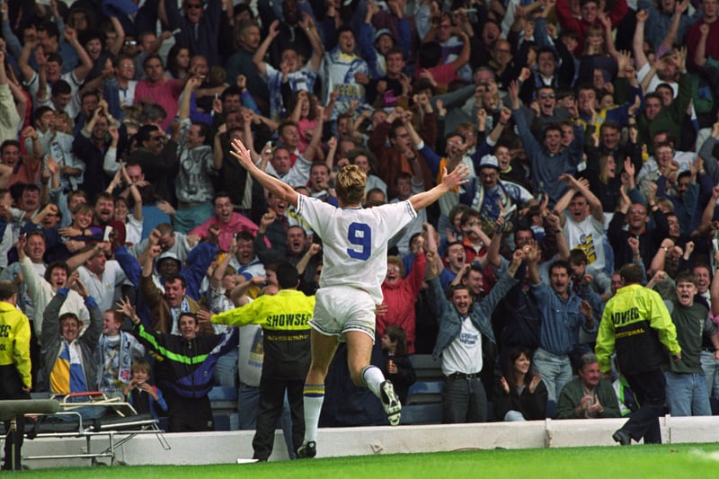 Lee Chapman celebrates scoring against Liverpool with the Elland Road faithful in August.