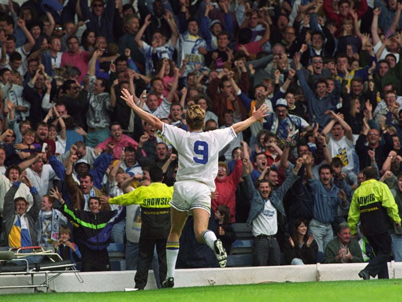 Lee Chapman celebrates scoring against Liverpool with the Elland Road faithful in August.