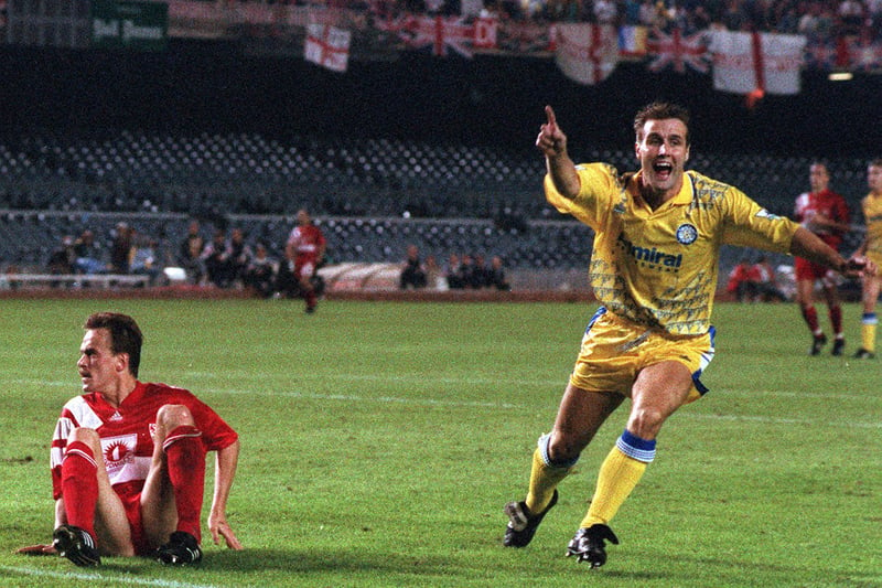 Carl Shutt celebrates scoring the match-winner moments after stepping off the bench as Leeds emerged victorious from their UEFA Champions League first round replay against Stuttgart at Camp Nou.