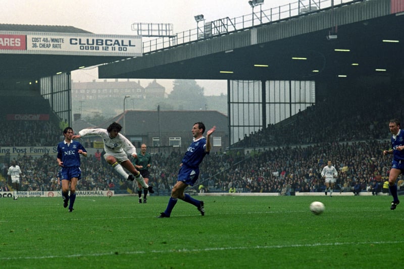 Gary Speed fires a shot away at the Kop end during a 1-1 draw with Chelsea.