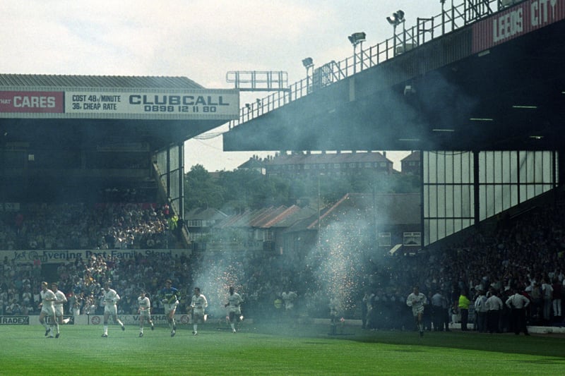 The champions arrive onto the Elland Road pitch under a shower of pyrotechnics as they prepare to play their first ever Premier League game. Lee Chapman scored a brace against Wimbledon to ensure United’s 92/93 season got off to a winning start.