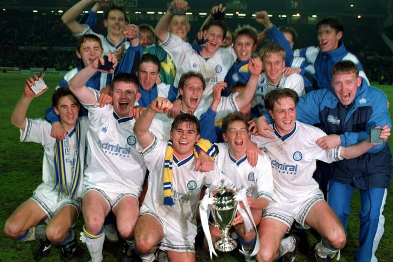 The Young Whites celebrate their FA Youth Cup final win over a Manchester United team featuring David Beckham, Paul Scholes and Gary Neville at Elland Road in May.