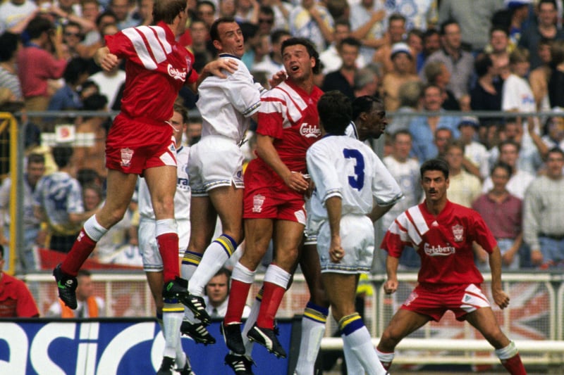 An aerial battle during the Whites’ 4-3 Community Shield win over Liverpool at Wembley.