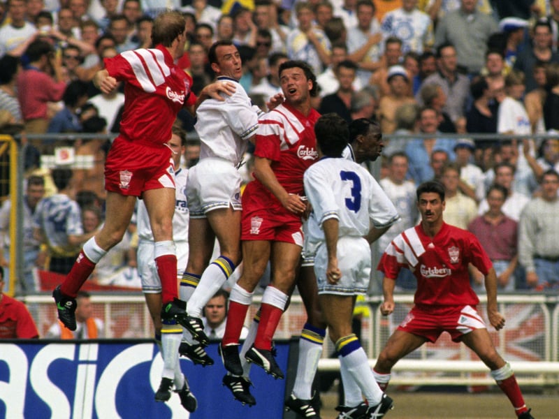 An aerial battle during the Whites’ 4-3 Community Shield win over Liverpool at Wembley.