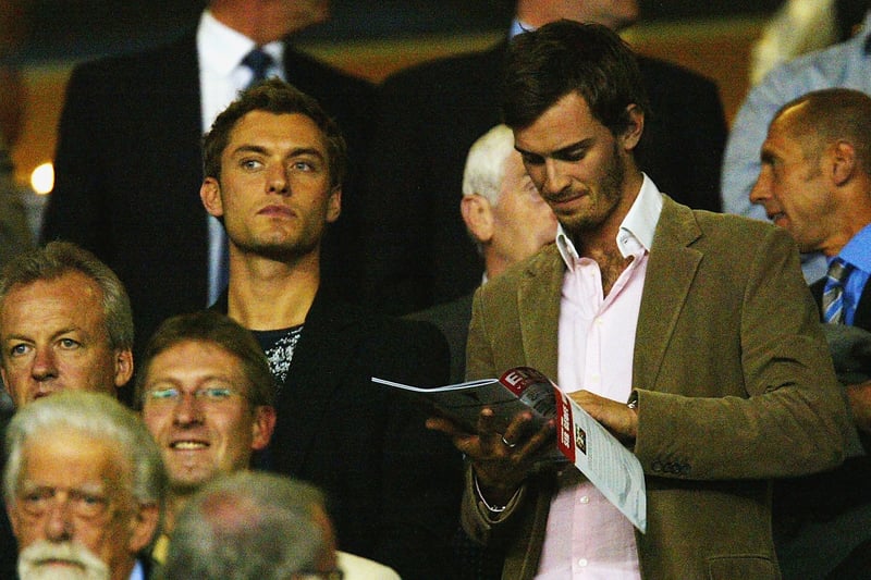  Actor Jude Law watching a UEFA Euro 2004  Qualifying match between England and Liechtenstein at Old Trafford in 2003.   (Photo by Ben Radford/Getty Images)