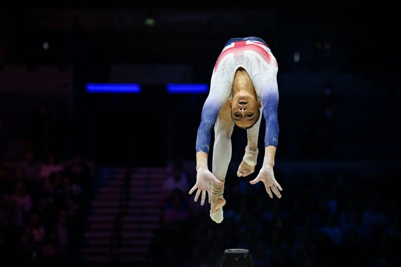 Britain’s Georgia Mae Fenton competes during the Women’s Balance Beam team final event. (Photo by PAUL ELLIS/AFP via Getty Images)