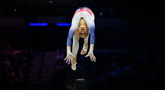 Britain’s Georgia Mae Fenton competes during the Women’s Balance Beam team final event. (Photo by PAUL ELLIS/AFP via Getty Images)