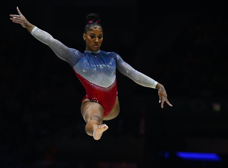 USA’s Jordan Chiles competes during the Women’s Balance Beam team final event. (Photo by PAUL ELLIS/AFP via Getty Images)