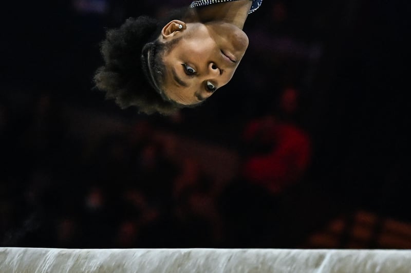 USA’s Skye Blakely competes during the Women’s Balance Beam team final event. (Photo by PAUL ELLIS/AFP via Getty Images)