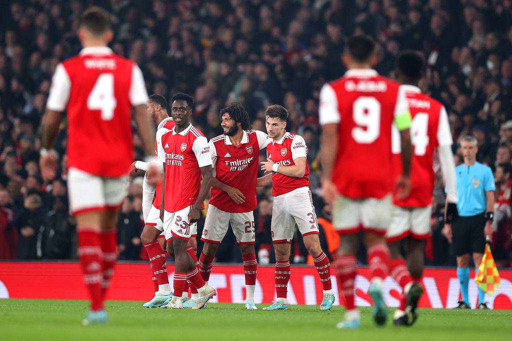  Kieran Tierney of Arsenal celebrates with team mates after scoring their sides first goal during the UEFA Europa League (Photo by Ryan Pierse/Getty Images)