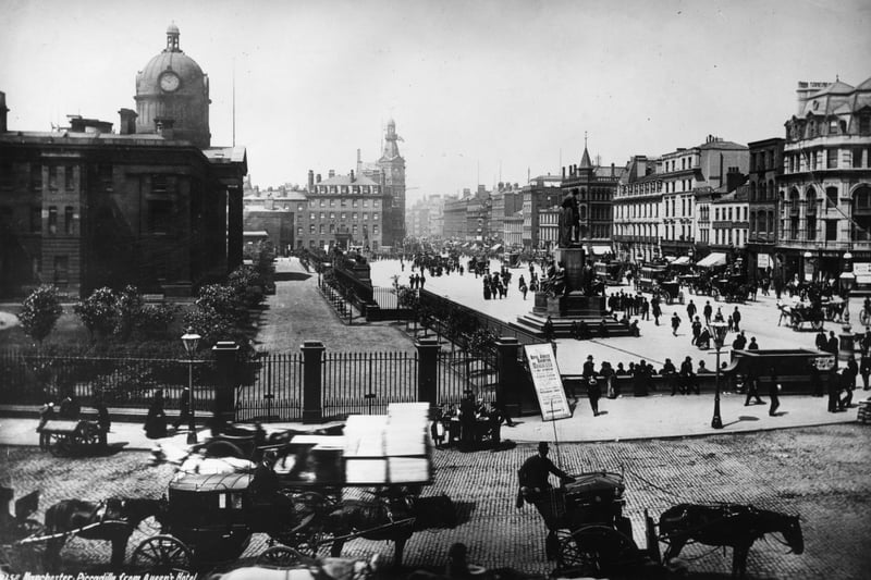 The view of Piccadilly Gardens from the  Queen’s Hotel (the corner of Portland Street and Piccadilly), which no longer stands. 