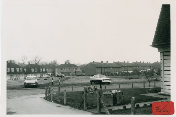 Looking across Whittington Road with space which won’t be found today, this image show Selbrooke Crescent curving out of frame. The houses pictured were built in 1951. The Ford Zephyr near the centre dates the photo to 1962 or later. 