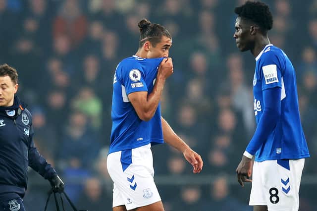 Dominic Calvert-Lewin of Everton is substituted off with a injury during the Premier League match between Everton FC and Leicester City at Goodison Park on November 05, 2022 in Liverpool, England. (Photo by Alex Pantling/Getty Images)