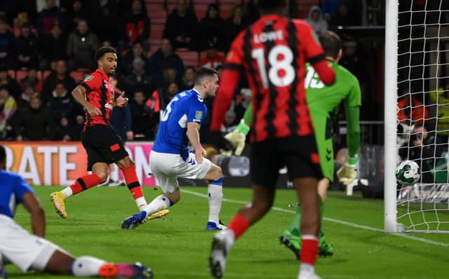  Junior Stanislas of AFC Bournemouth scores their team's second goal during the Carabao Cup Third Round match between AFC Bournemouth and Everton at Vitality Stadium on November 08, 2022 in Bournemouth, England. (Photo by Mike Hewitt/Getty Images)