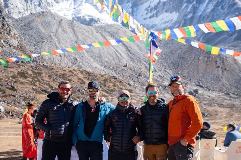 Ollie Ollerton, far left, Nims Purja, centre, and Aldo Kane, second from the right, with other members of their expedition team.
