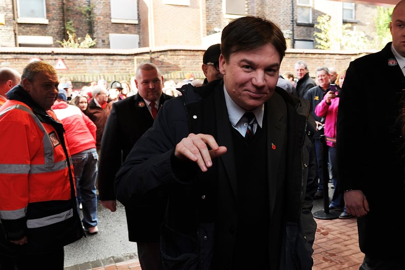 Wayne’s World and Austin Powers actor Mike Myers went to Anfield  to watch Liverpool take on Fulham in 2013. Image: Andrew Powell/Liverpool FC via Getty Images.